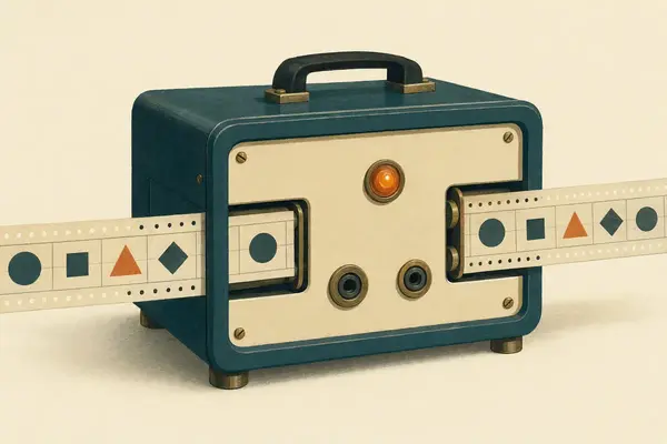 An illustrated cream and petrol flight recorder passing the same sequence of game-event shapes from one side to the other.